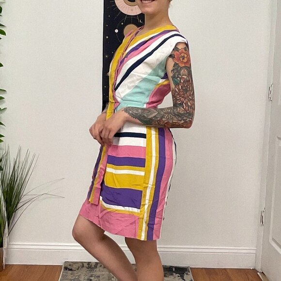 Slate & Willow Combo Striped Faux Wrap Dress Cap Sleeve Size 8 Pink/Yellow - Picture 11 of 16